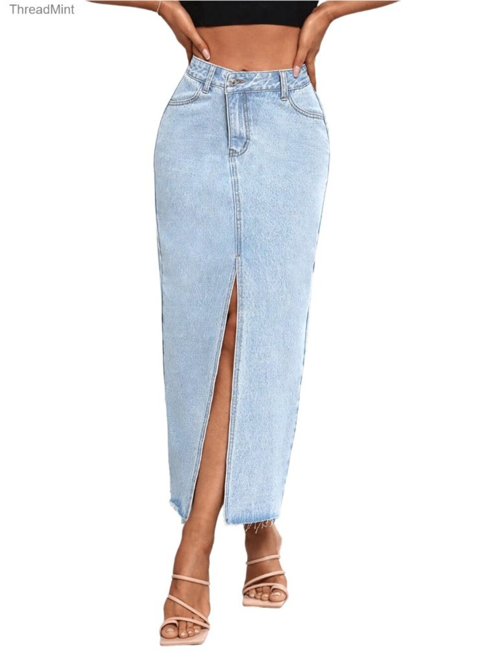 High Waist A-Line Maxi Denim Skirt with Front Split & Raw Hem - Picture 6 of 6